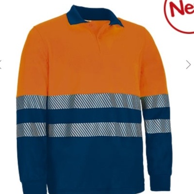 Camisola de trabalho manga longa laranja e azul com faixas refletoras.