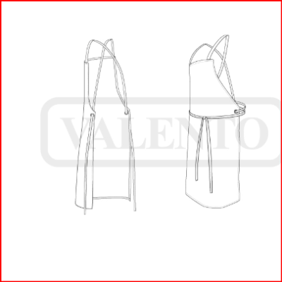 Desenho técnico preto e branco de avental com tiras finas para amarrar no pescoço e cintura