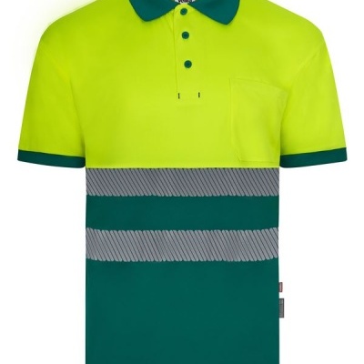 Polo bicolor amarelo fluorescente e verde escuro com faixas cinza reflexivas