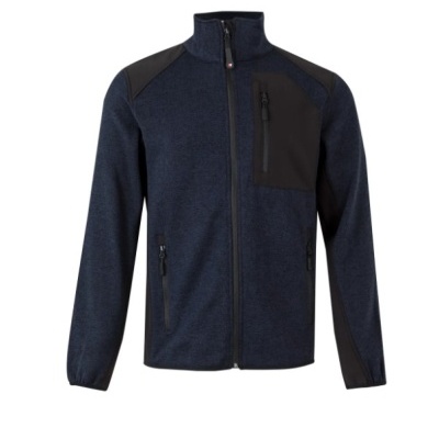 Casaco azul escuro com detalhes pretos, bolso com fecho e fechos frontais