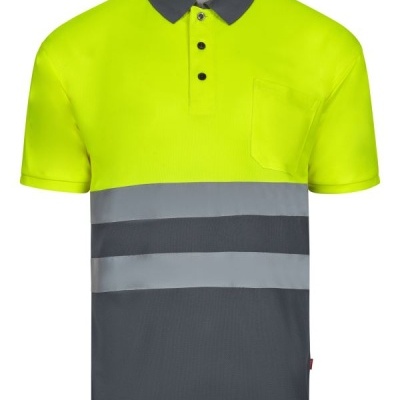 Polo de trabalho fluorescente amarelo e cinza com faixas refletoras e bolso no peito.
