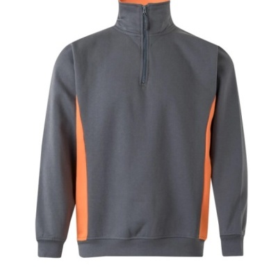 Sweatshirt cinzenta com detalhes laranja e fecho zip no peito