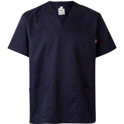 Camisola tipo scrubs azul escura com gola em V e bolsos frontais