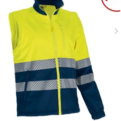 Colete softshell amarelo e azul marinho com faixa reflexiva cinza e fecho de correr amarelo