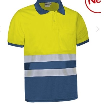 Polo de alta visibilidade amarelo e azul com faixas reflexivas e bolso no peito