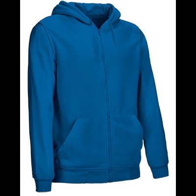 Casaco hoodie azul com fecho e bolso canguru.