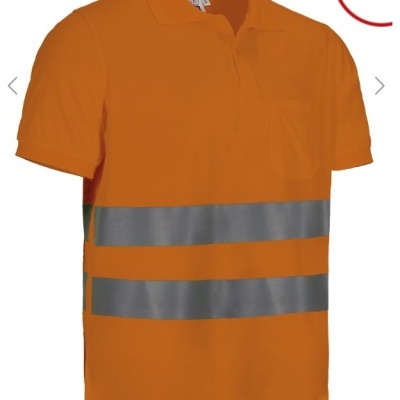 Polo laranja com faixas refletoras cinza e bolso