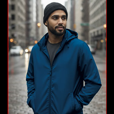 Homem com casaco azul, camisola cinzenta e gorro preto numa rua urbana molhada