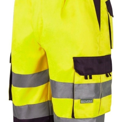 Calções de trabalho amarelos com faixas refletoras cinzentas e bolsos pretos