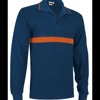 Polo azul escuro de manga comprida com faixa laranja ao peito