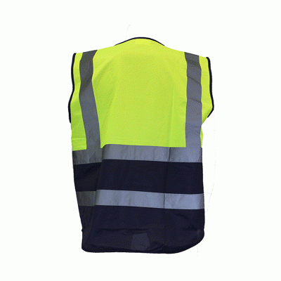 Colete de segurança amarelo fluorescente com faixas refletoras cinzentas