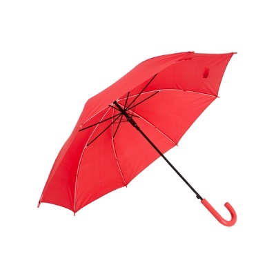 Guarda-chuva vermelho aberto com estrutura preta e cabo curvo vermelho