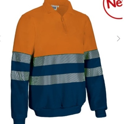 Sweatshirt laranja, azul escuro e cinza com listra reflexiva