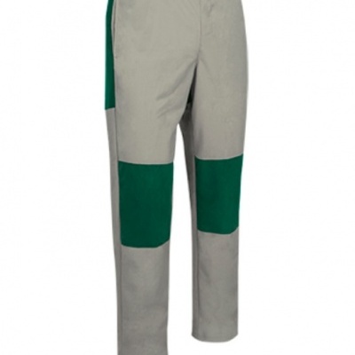 Calças de trabalho cinza com reforços verdes e cós elástico