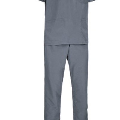 Conjunto profissional cinzento com camisola de manga curta e calças