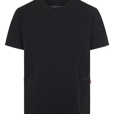 T-shirt preta de manga curta com gola em V e bolsos.