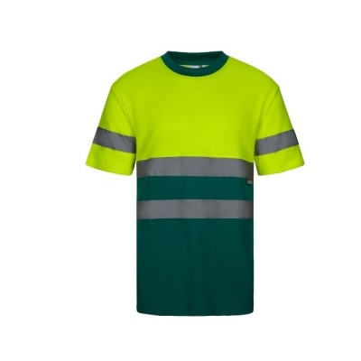 T-shirt de alta visibilidade amarela e verde com faixas refletoras cinzentas