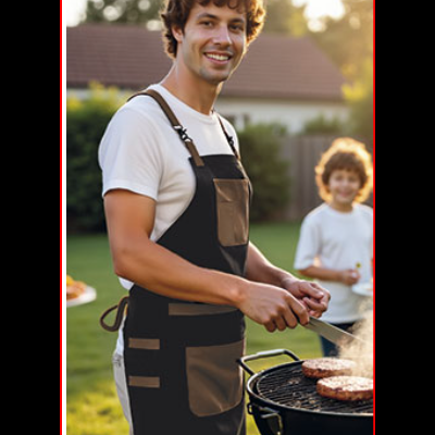 Homem com avental preto e castanho a grelhar hambúrgueres no jardim