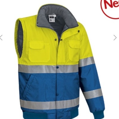 Colete de trabalho amarelo e azul com bandas refletoras