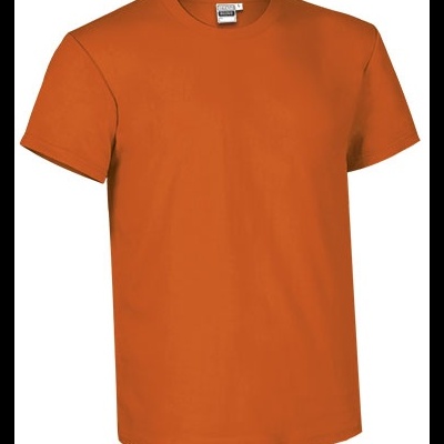 T-shirt básica laranja de algodão com gola redonda e etiqueta visível na gola