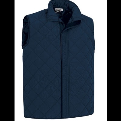 Colete azul escuro acolchoado com padrão de quadrados e gola alta
