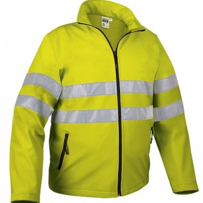 Casaco de alta visibilidade amarelo com faixas refletoras e zíper preto