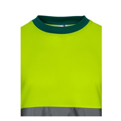 Parte superior de roupa verde fluorescente com gola azul e faixa cinzenta