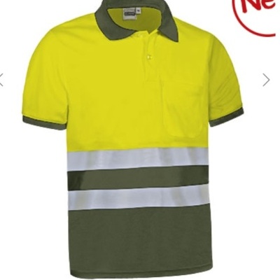 T-shirt polo de trabalho amarelo com faixas refletoras e gola verde escuro