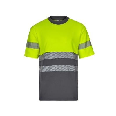 T-shirt de alta visibilidade verde fluorescente e cinza com faixas refletoras