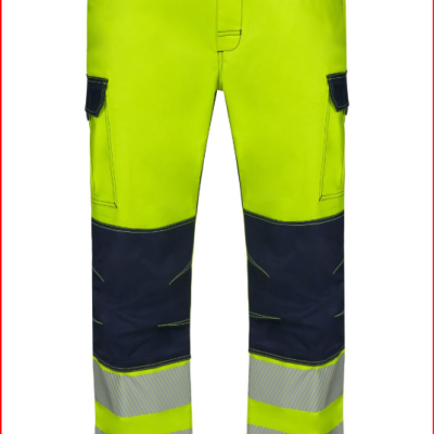 Calças de trabalho amarelas fluorescentes e azuis com faixas refletoras nas pernas