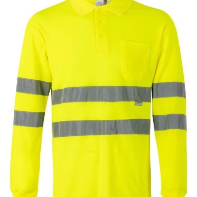 Polo amarelo fluorescente com faixas refletoras e bolso no peito