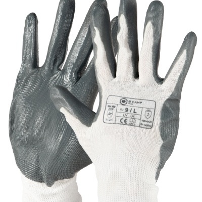 Par de luvas de trabalho cinza e branco com etiqueta