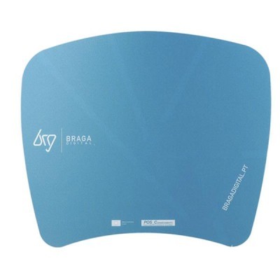 Base para rato em vidro azul da BRAGA Digital com textos visíveis