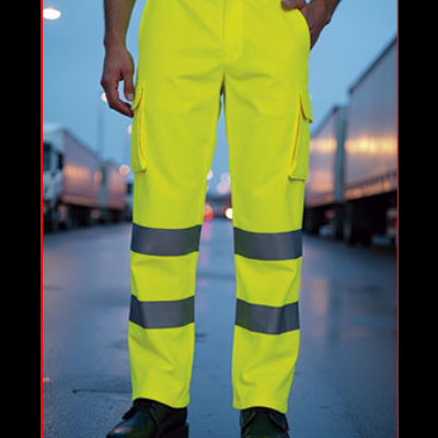 Calças de alta visibilidade amarelo neon com faixas refletoras cinza e bolso cargo