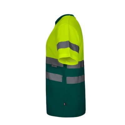 T-shirt bicolor amarelo fluorescente e verde com faixas refletoras cinzentas
