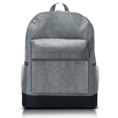 Mochila cinzenta com bolso frontal e bolsos laterais em rede