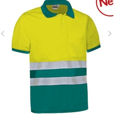Polo de trabalho amarelo, verde e branco com bolso e gola verde
