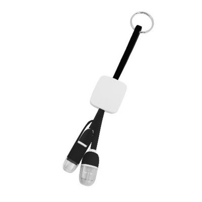 Chaveiro preto com peça central branca e tampas transparentes nas extremidades