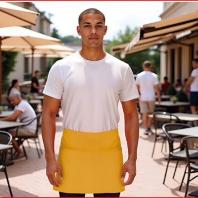 Homem com t-shirt branca e avental amarelo numa esplanada de restaurante