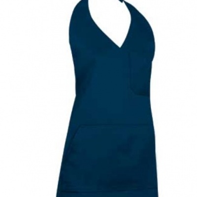 Avental azul-escuro com bolso frontal e alças para prender ao pescoço