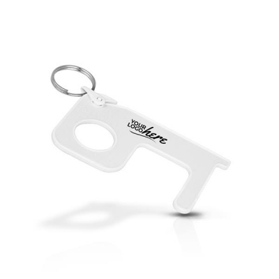 Chaveiro plástico branco com texto 'YOUR LOGO here'