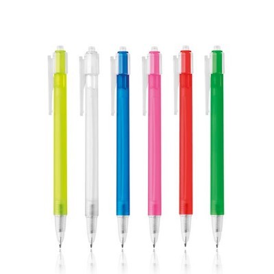 Seis canetas de cores variadas com corpo translúcido e clipe branco