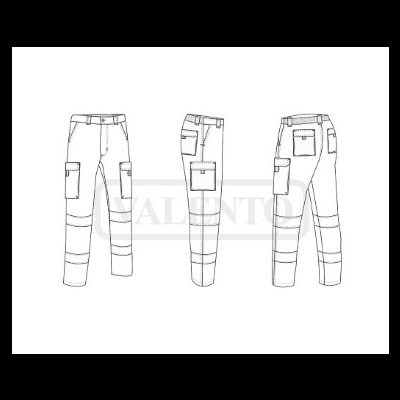 Desenho técnico de calças de trabalho com bolsos e faixas reflectoras
