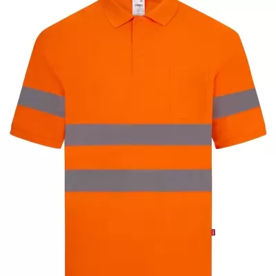 Polo de trabalho laranja com faixas refletoras cinzentas e bolso no peito