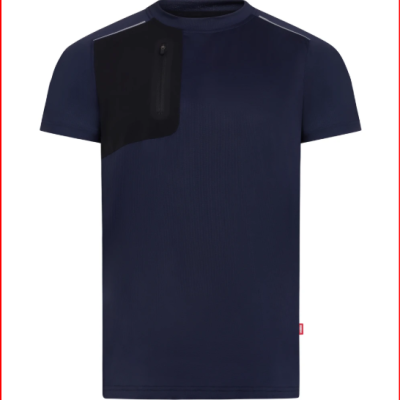 T-shirt desportiva azul escuro com painel preto e bolso no ombro