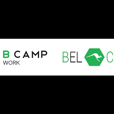 Logotipos B CAMP WORK e BEL CAMP com ícones hexagonais e textos em preto e verde