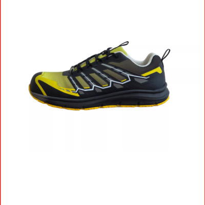 Sapato desportivo de segurança preto, cinza e amarelo com sola antiderrapante amarela