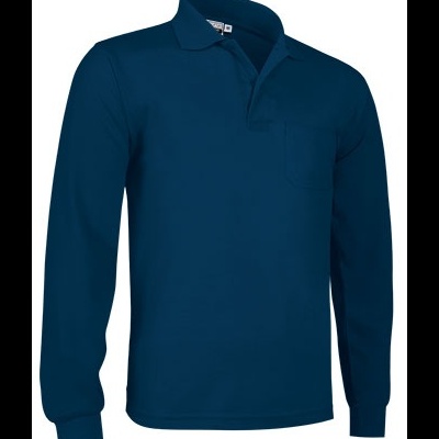 Camisola tipo polo azul escuro de manga comprida com bolso no peito e gola