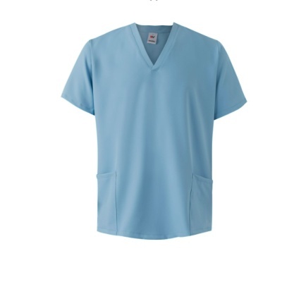 T-shirt médica azul claro com decote em V e duas bolsas frontais