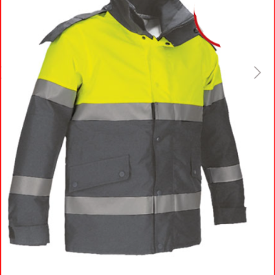 Casaco de alta visibilidade amarelo fluorescente e cinza escuro com faixas refletoras